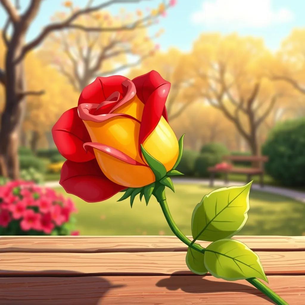 A beautiful rose drawn by أحمد شوقي, with red and yellow petals, placed on a wooden table with a cheerful background of the park, illustration, vivid colors, inspiring, child-friendly