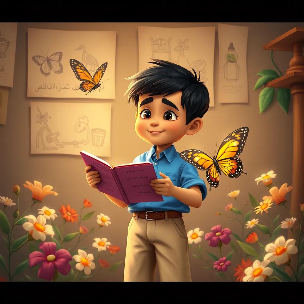 A proud أحمد شوقي, a young Arab boy, with short black hair, in a blue shirt and beige shorts, reading his poem to the butterfly, surrounded by his drawings and flowers, warm and inviting atmosphere, heartwarming, vibrant