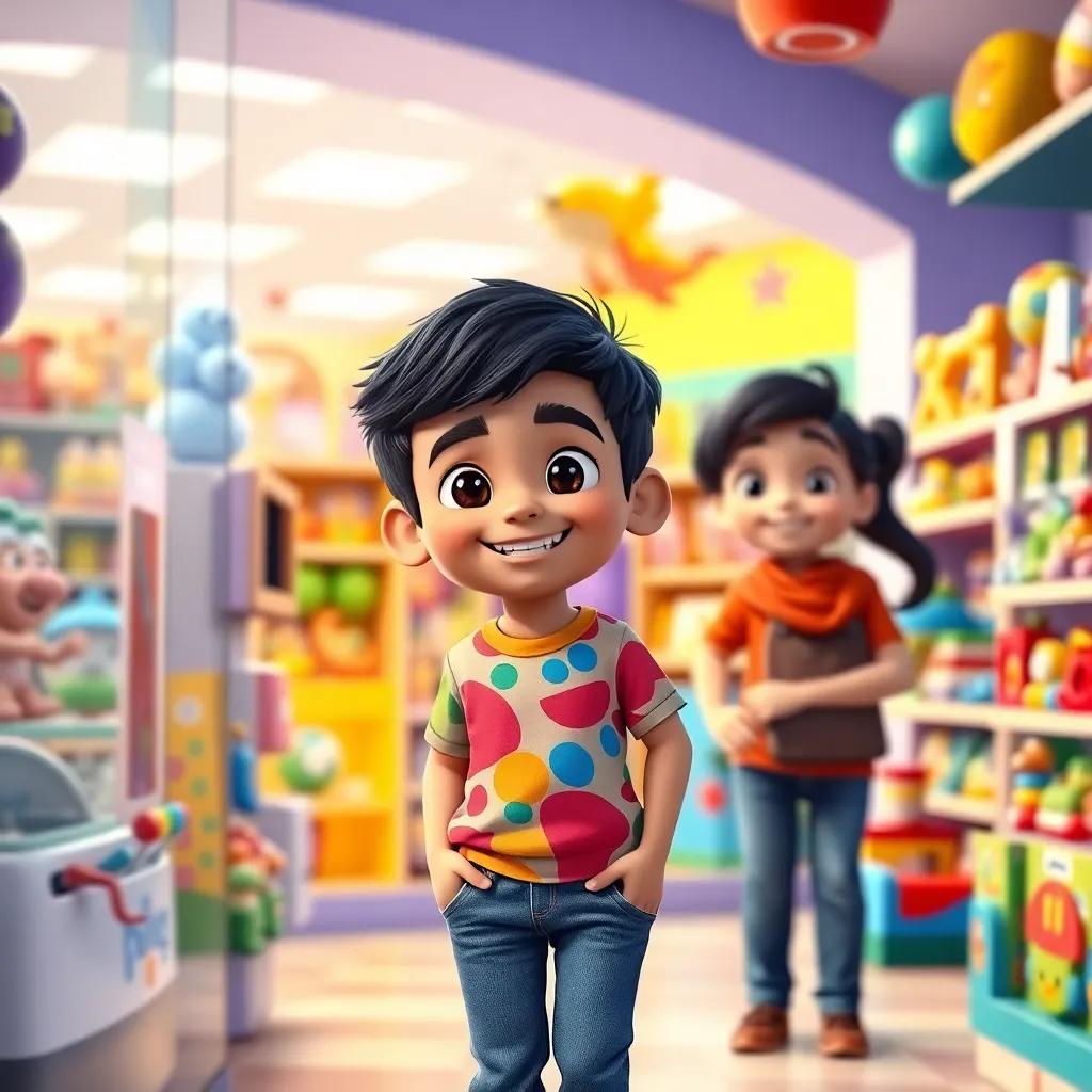 A young Arab boy, Ahmed, with short black hair, wearing a colorful t-shirt and jeans, happily entering a toy store with a friend, bright store interior filled with colorful toys, cheerful atmosphere, digital art, vibrant colors, heartfelt scene, high quality