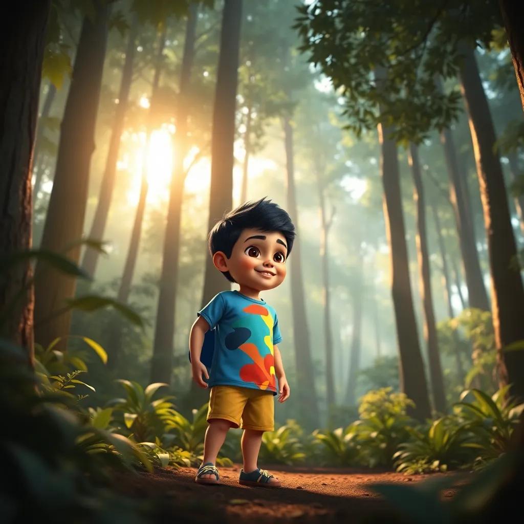 A small Arab boy, Ahmed, with short black hair, wearing a colorful t-shirt and shorts, exploring a dense forest with tall trees and sunlight filtering through the leaves, digital art, vibrant colors, cheerful atmosphere, high quality