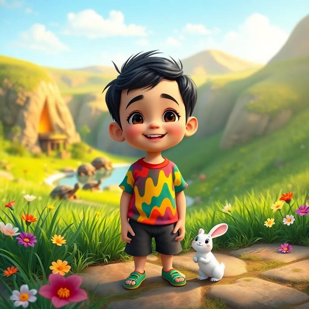 A joyful scene of Ahmed, a small Arab boy with short black hair in a colorful t-shirt and shorts, standing by a small valley with turtles and a cheerful rabbit, surrounded by green grass and colorful flowers, illustration, warm light, friendly environment, high quality