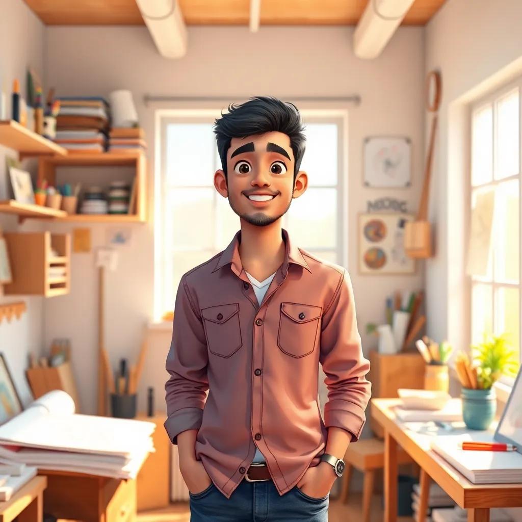 A young Arab man, Ahmed, with short black hair, wearing a casual shirt and jeans, standing in a bright room filled with art supplies and sketches, light streaming in from a window, cheerful atmosphere, digital art, high quality