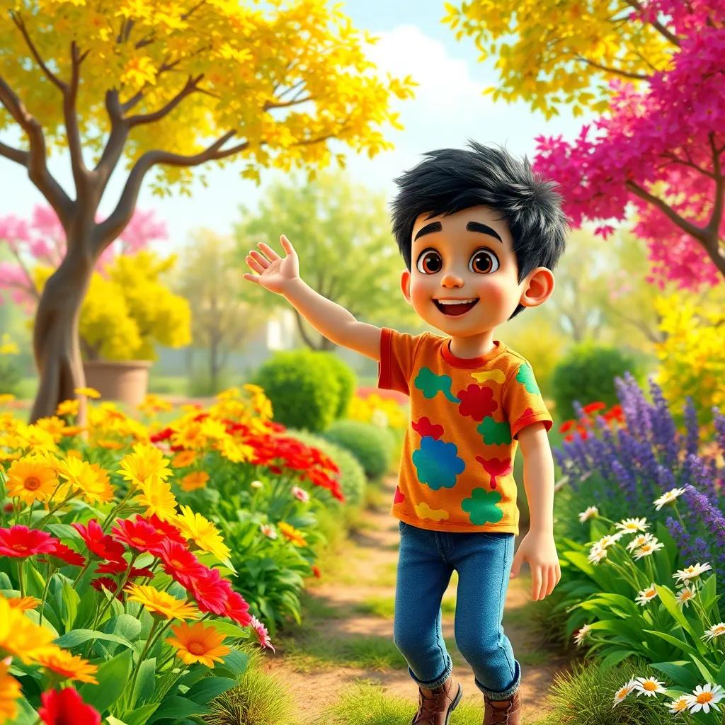 A young Arab boy, Ahmad, with short curly hair, wearing a colorful t-shirt and jeans, excitedly exploring a beautiful garden filled with vibrant trees and flowers, bright sunlight, cheerful atmosphere, digital art, playful design, engaging scene, high quality