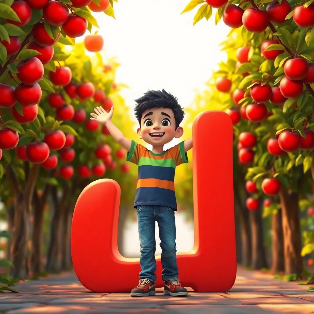 Ahmad, a young Arab boy with short curly hair in a colorful t-shirt and jeans, joyfully interacting with the letter 'ا' which looks like a tall column, surrounded by red apples hanging from trees, colorful digital art, animated style, warm light, inviting vibes, high quality