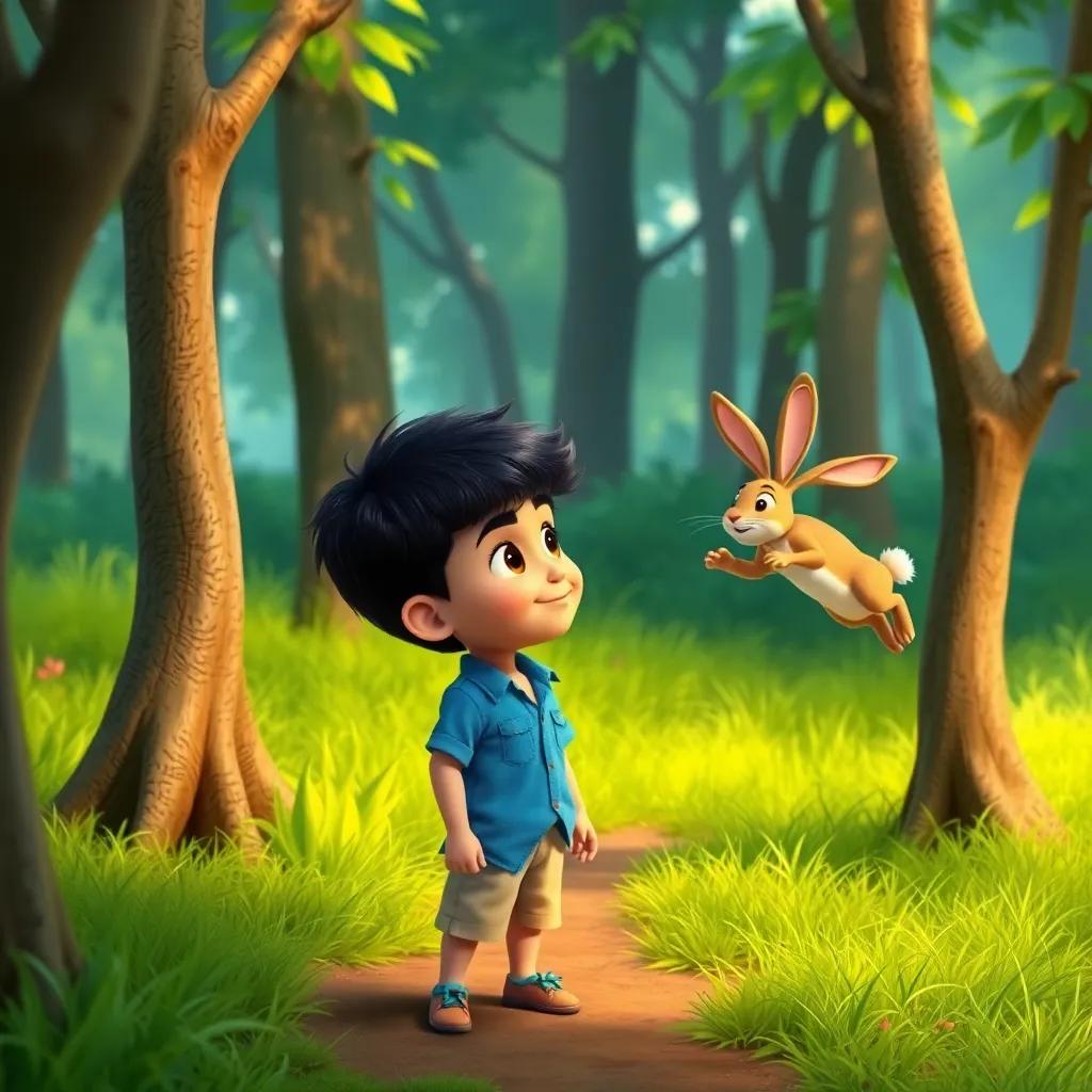 A small boy named Ahmed, with short black hair wearing a blue shirt and khaki shorts, standing in a lush green forest while looking amazed at a fast rabbit jumping among the trees, whimsical style, vibrant colors, joyful atmosphere, high quality