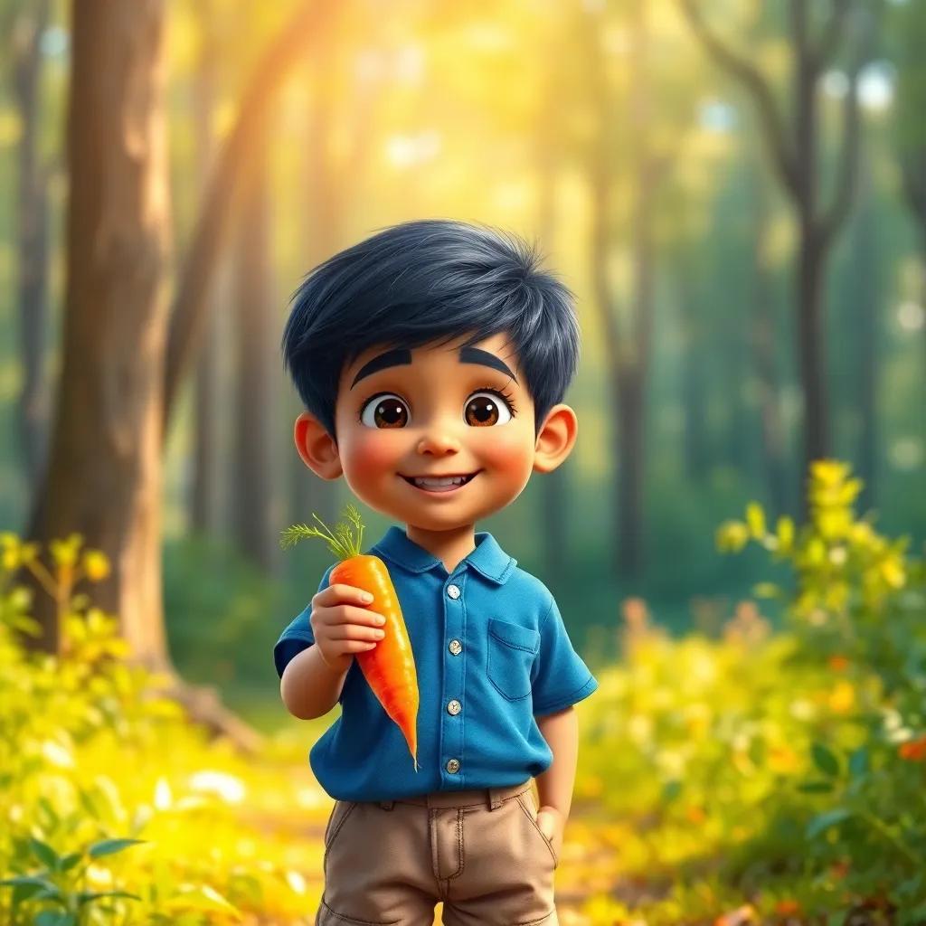 Ahmed, a small boy with short black hair in a blue shirt and khaki shorts, smiling while holding a bright orange carrot in the sun-dappled forest, encouragement in his eyes, cheerful and inviting colors, heartwarming moment, high quality