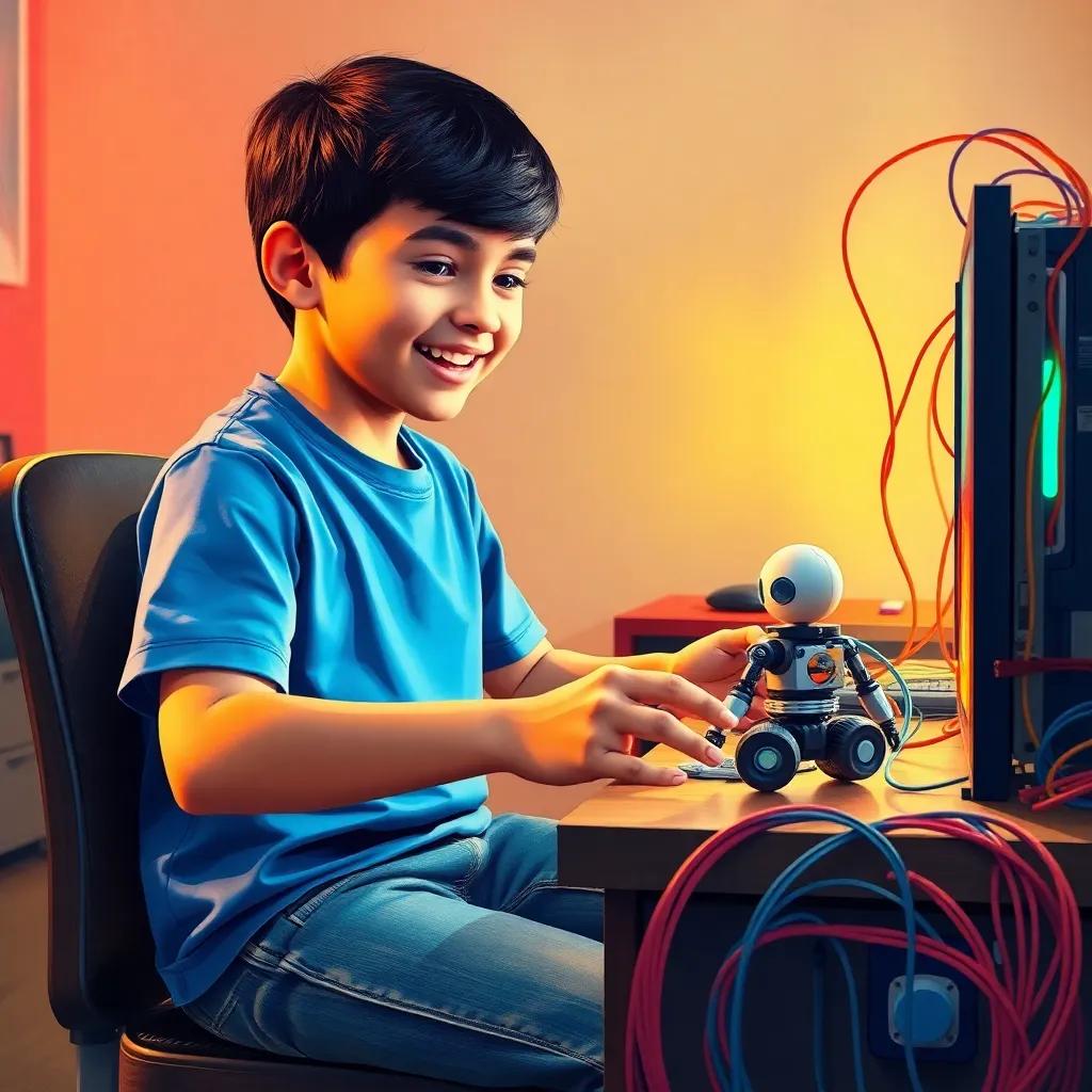 A young Arab boy, Ahmad, with short black hair wearing a blue t-shirt and jeans, sitting at a desk surrounded by colorful wires and computer parts, excitedly programming his robot; digital art, warm colors, lively atmosphere, high quality