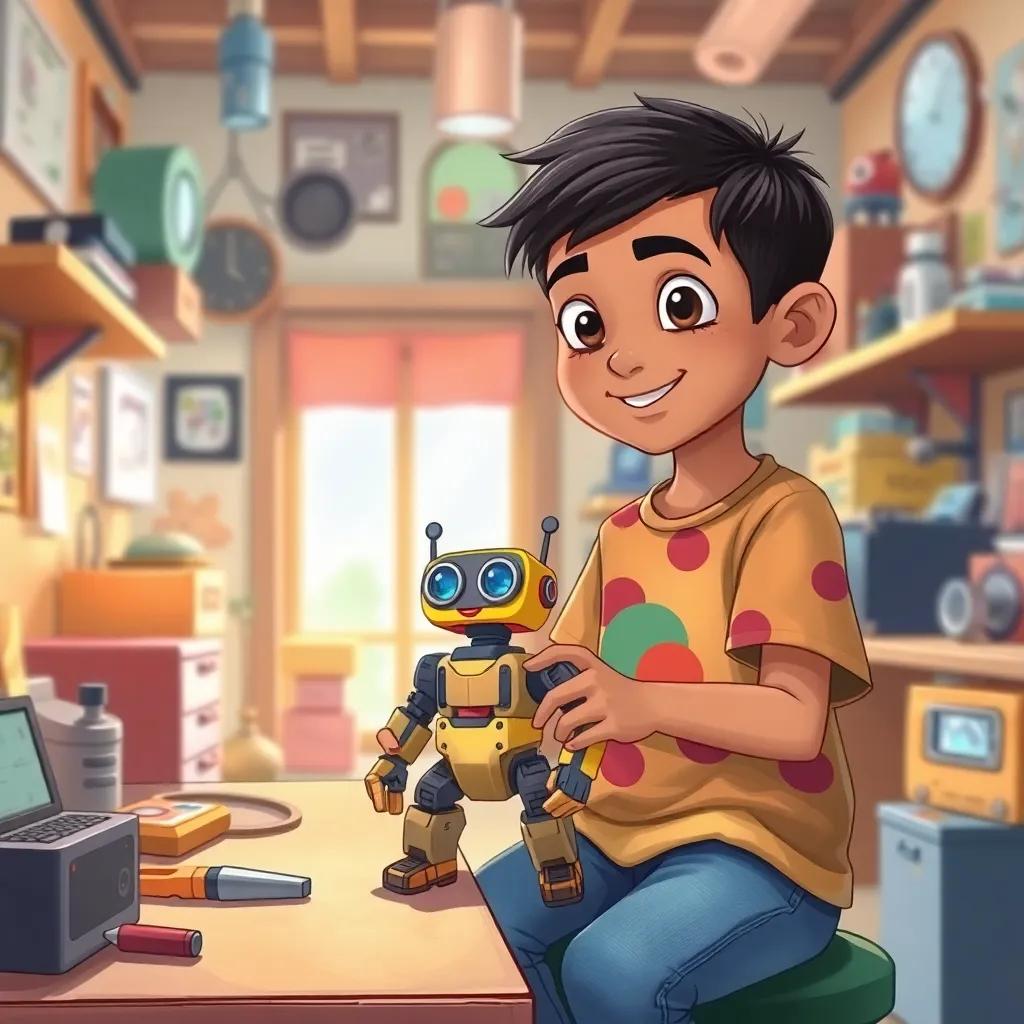 A young Arab boy, Ahmed, with short black hair, wearing a colorful t-shirt and jeans, working on a small robot with tools in a cozy workshop filled with gadgets, digital art, cheerful atmosphere, bright colors, focused perspective, high quality