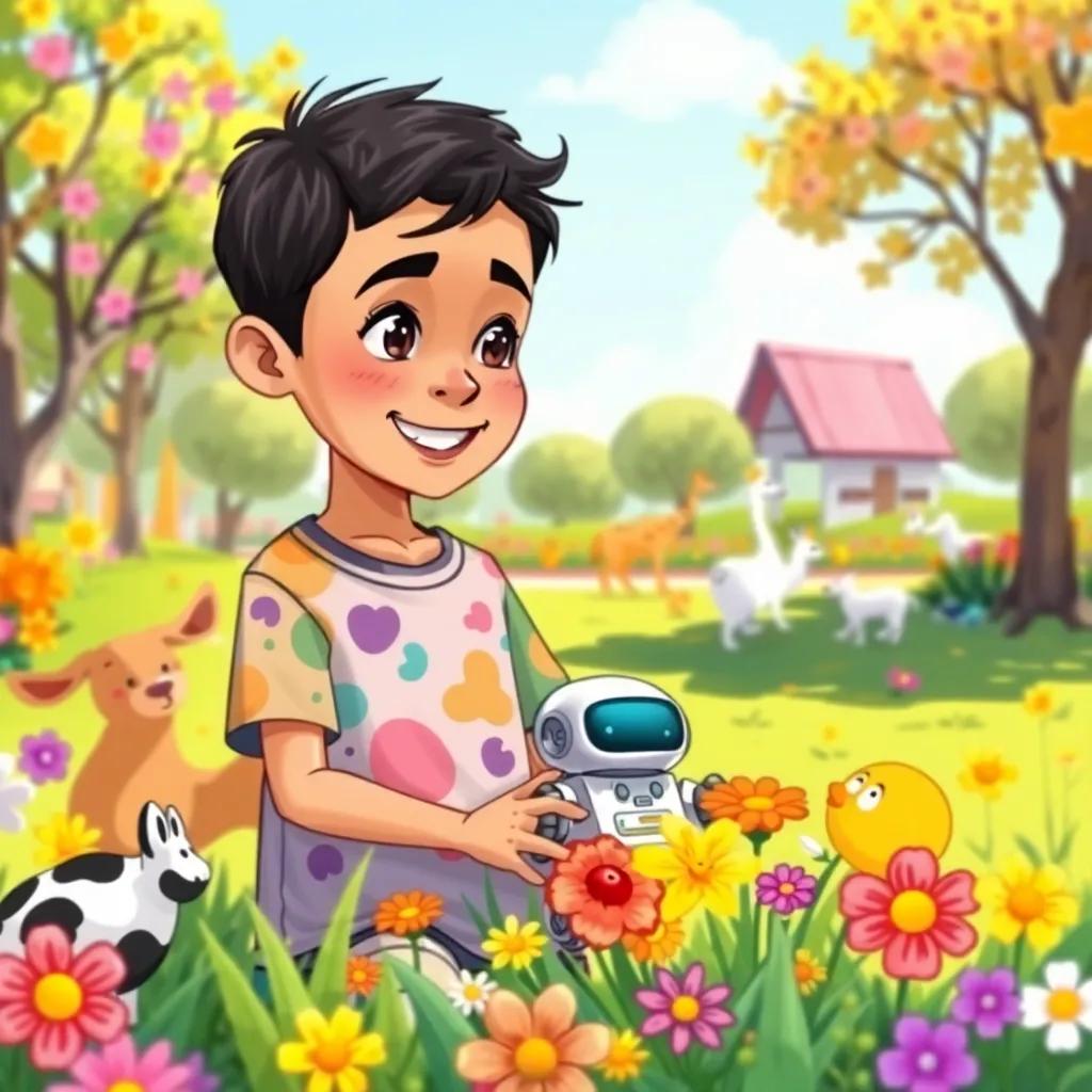 Ahmed, a young Arab boy with short black hair and wearing a colorful t-shirt, together with his small robot in a sunny park, gathering colorful flowers, friendly animals around, illustration, vibrant and inviting, joyful scene, child-friendly