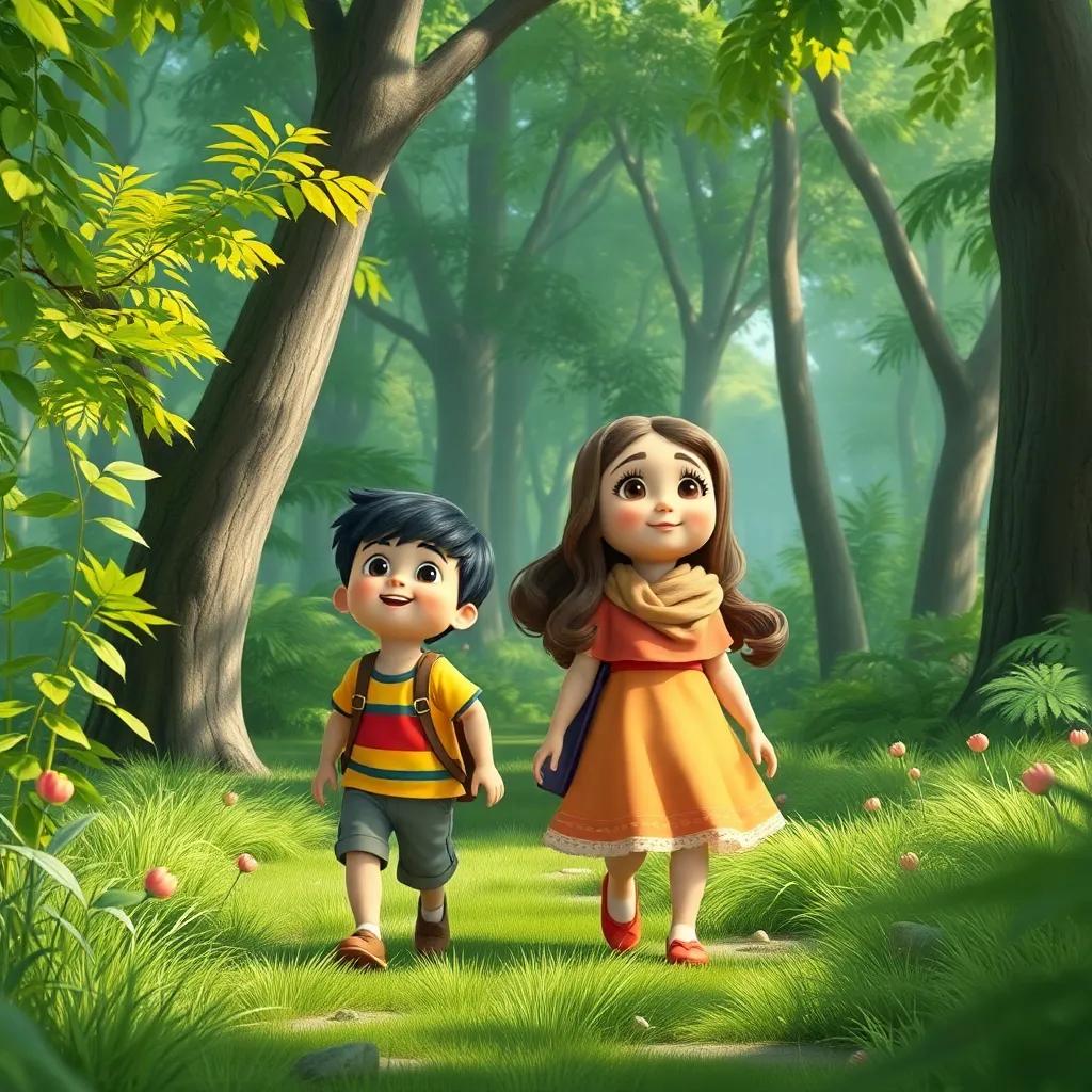 Two children, Ahmad and Sarah, walking in a lush green forest, looking around in wonder, digital art, bright colors, cheerful atmosphere, high quality