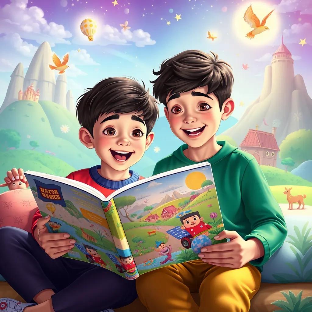 Two boys, Ahmad and Ali, excitedly reading a story from a colorful magazine, with imaginations coming to life around them, magical landscapes and characters illustrated around, cheerful vibe, vivid colors, imaginative art, high quality