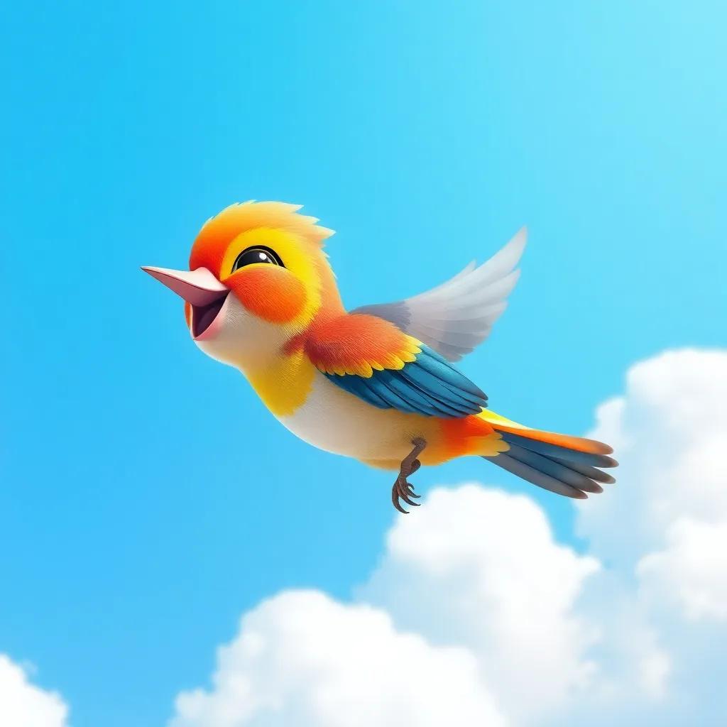 A small bird named Ah, colorful feathers, soaring in a bright blue sky with fluffy white clouds, feeling joyful and free, vibrant colors, cheerful atmosphere, high quality