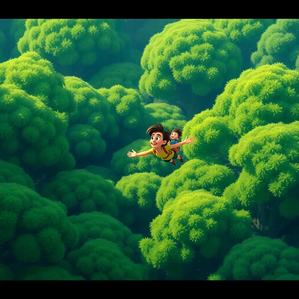 Ah and his friend flying over a dense forest, huge trees in various shades of green, a sense of adventure and exploration, detailed digital art, bright colors, inviting scene