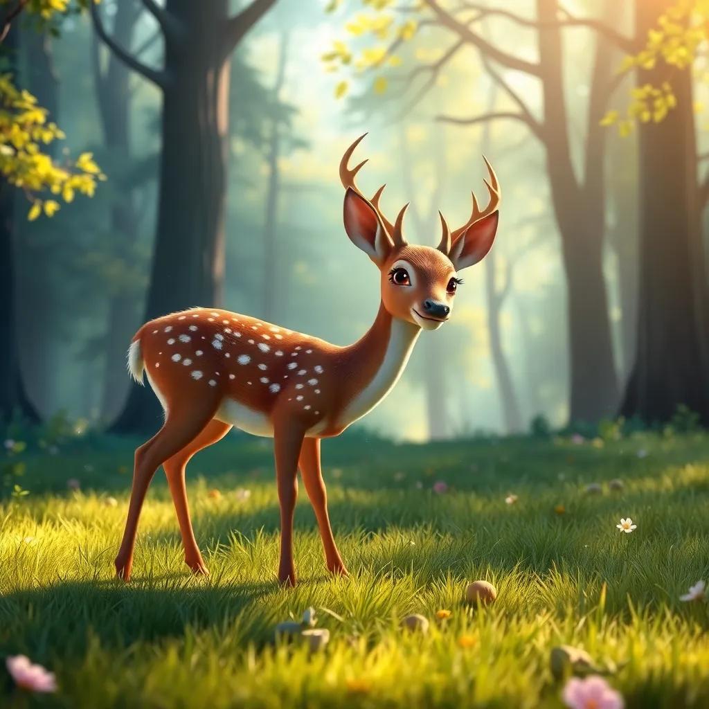 Ah approaching gentle deer in a beautiful forest setting, deer grazing on grass, cheerful atmosphere, magical feeling, warm light, high quality