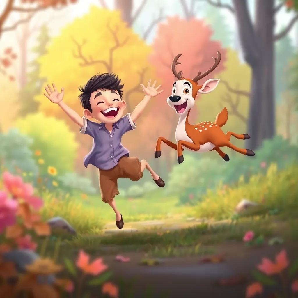 Ah and his friend playing joyfully with deer, running and jumping together, laughter in the air, colorful forest, vibrant scenery, cheerful illustration, high quality