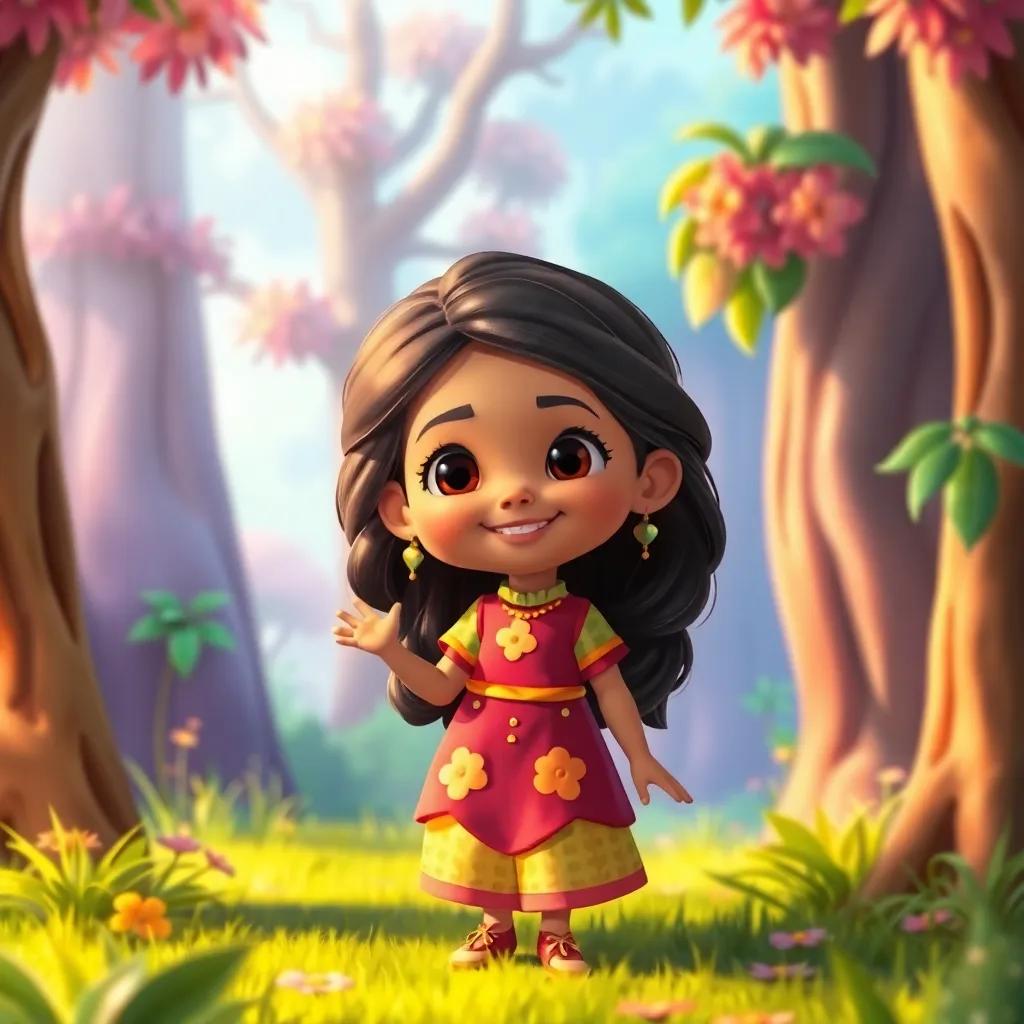 A small girl named Amani, with long hair and colorful dress, welcoming Ah and friends, standing behind a colorful tree in the magical forest, friendly smile, inviting, detailed illustration, warm light