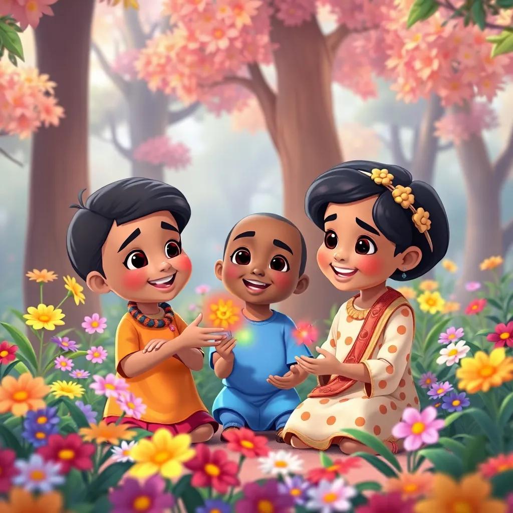 Amani sharing with Ah and his friend about collecting colors in the forest, surrounded by colorful flowers and trees, cheerful expression, cute and friendly, high quality