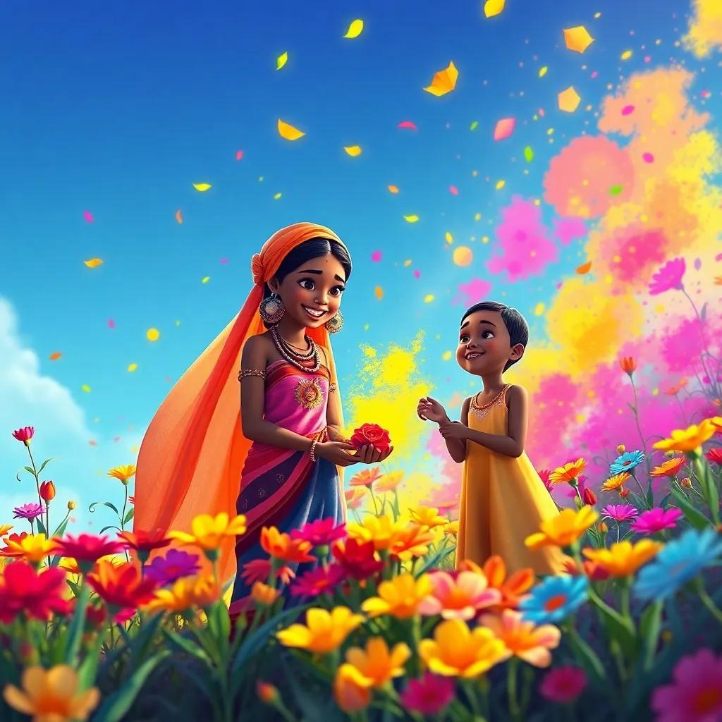 Ah, Amani, and friend collecting colors from flowers, vibrant colors filling the air, joyful scene, colorful and lively atmosphere, engaging illustration, high quality