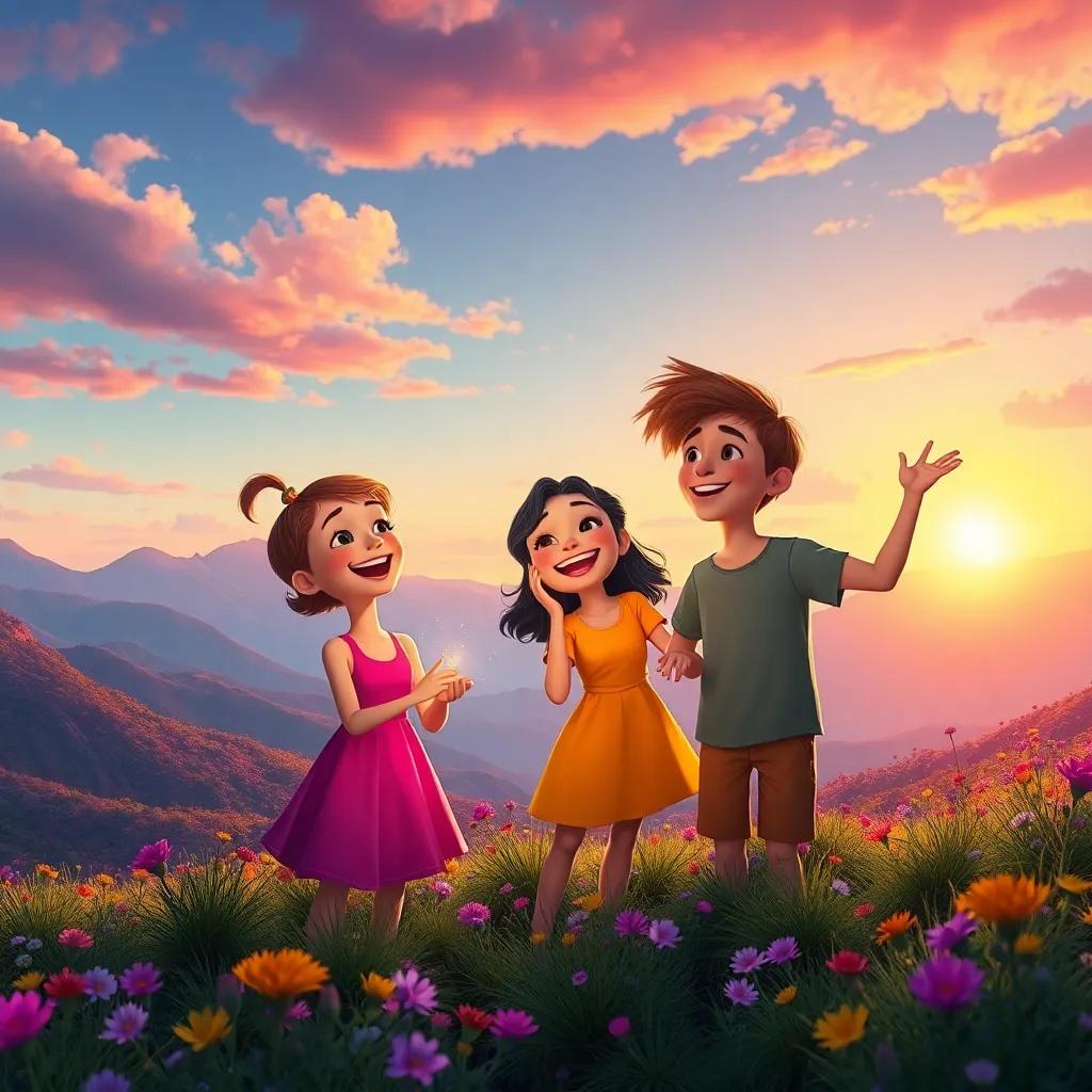 The trio creating a magical landscape with all the colors, laughter and joy, vibrant environment, beautiful sunset, magical feeling, high quality