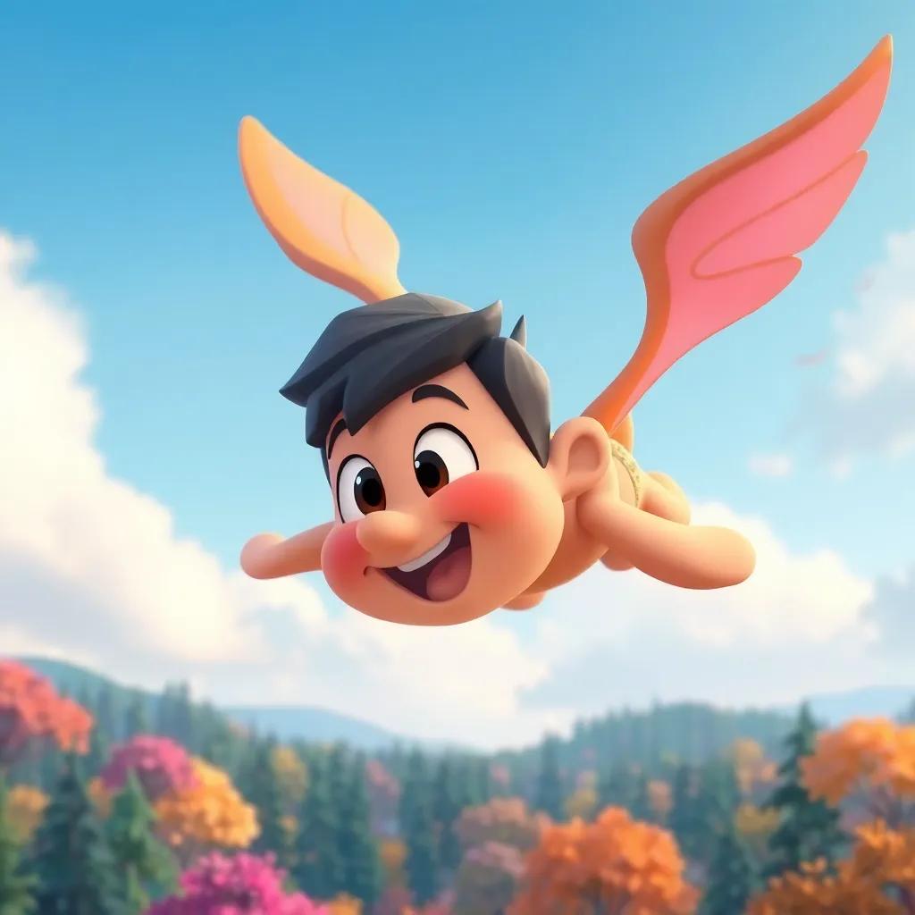 Ah flying back to his home in the blue sky, looking down at the colorful forest, happy expression, child-friendly style, warm colors, high quality