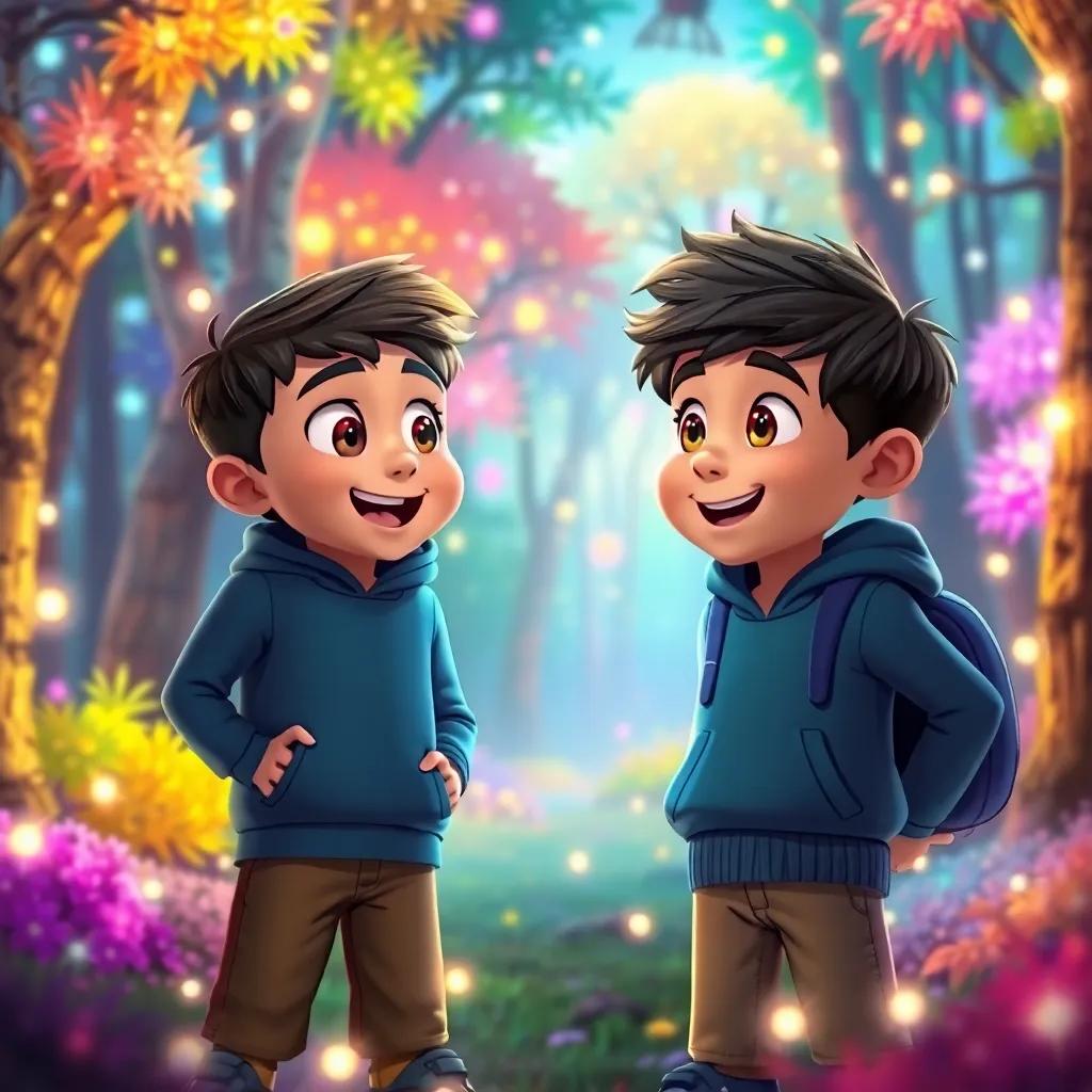 Two excited boys, Sami and Louay, standing in a magical forest filled with sparkling lights, talking with wide eyes, colorful trees all around, digital art, vibrant colors, cheerful atmosphere, high quality