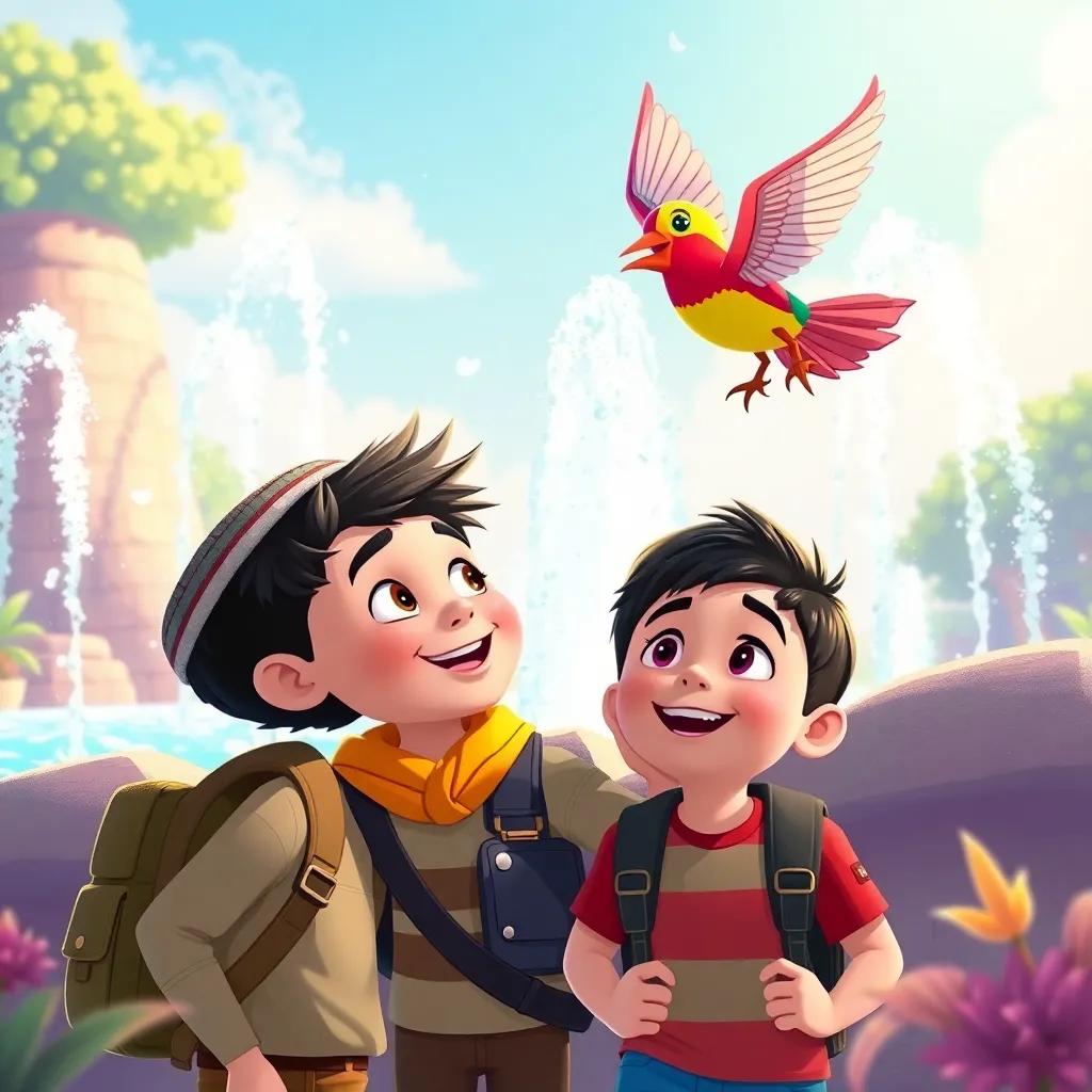 Two adventurous boys, Sami and Louay, looking at a sparkling fountain, with a colorful bird flying above them singing, bright colors surrounding, playful mood, illustration style, engaging, cheerful