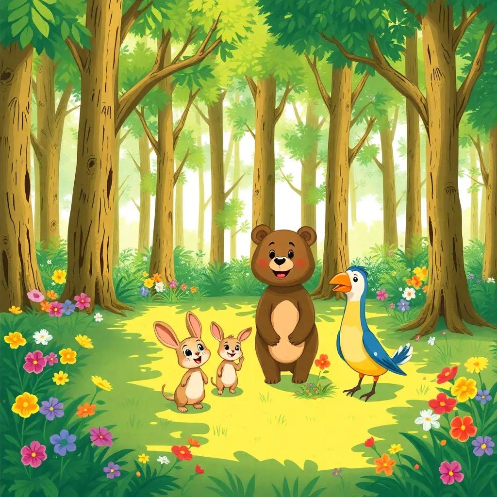 A beautiful green forest with tall trees and colorful flowers, with a small rabbit named Arnouba, a mouse named Vifi, a bear named Dabdoub, and a bird named Sisi, feeling joyful and ready to play in a sunny clearing, vibrant colors, cheerful atmosphere, children's illustration, high quality