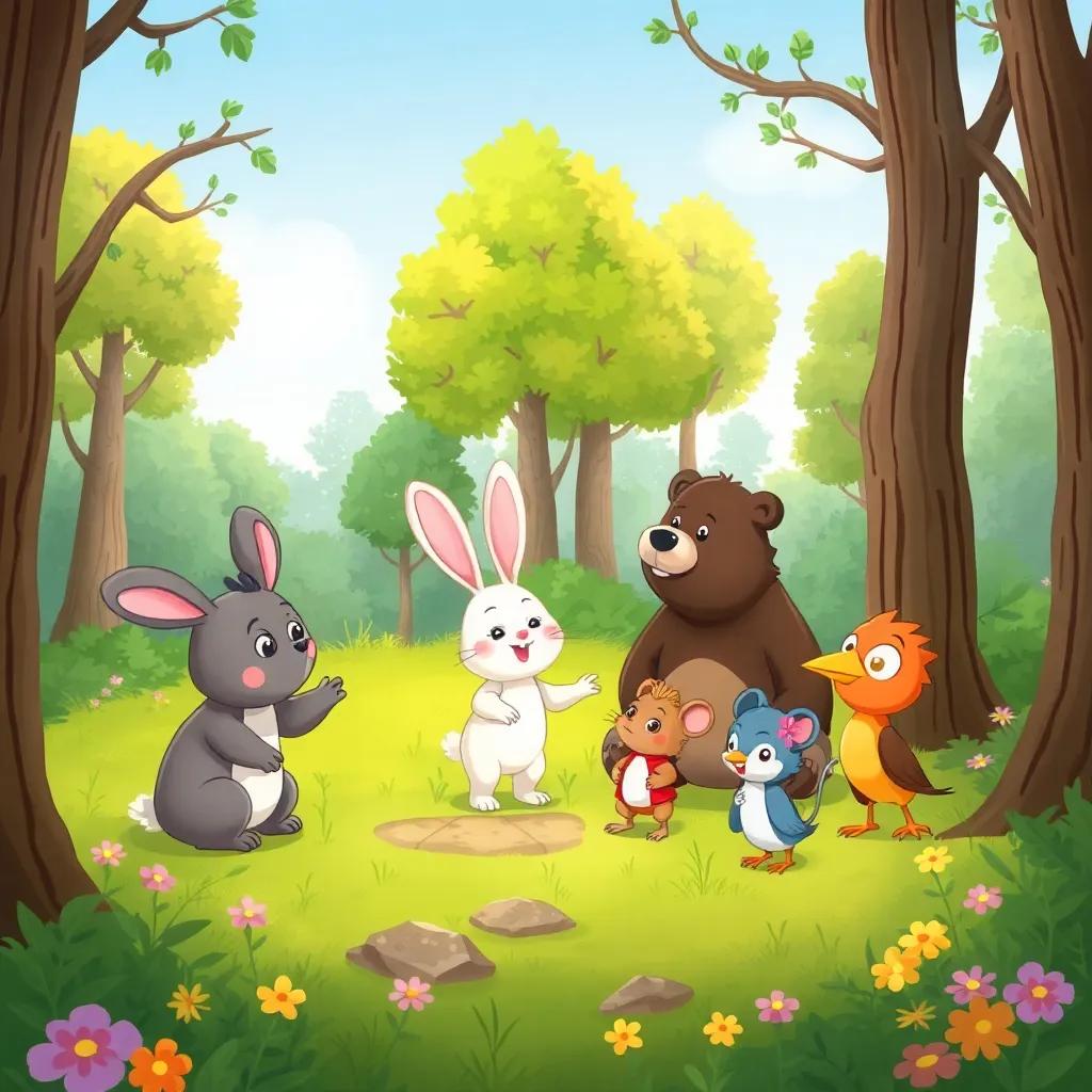 A lively forest clearing where the friends are gathered. Arnouba the little rabbit suggests a treasure hunt excitedly to her friends Dabdoub the bear, Vifi the mouse, and Sisi the bird, with playful expressions, surrounded by trees and flowers, digital art, colorful, whimsical vibe, high quality