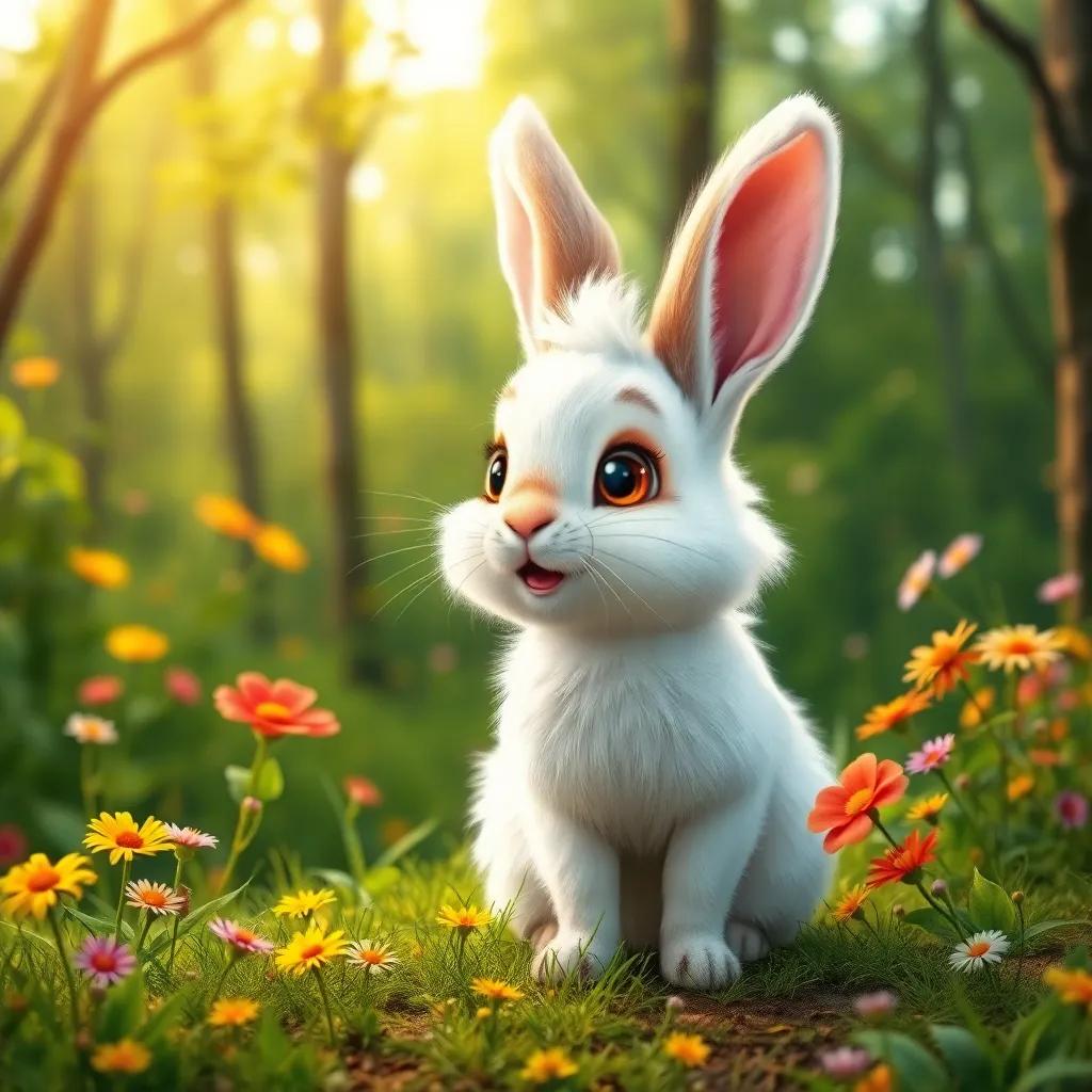 A small rabbit, Arnop, with fluffy white fur and big curious eyes, standing at the edge of a lush green forest, smiling and looking excited, colorful flowers around, digital art, cheerful, bright colors, warm atmosphere, high quality