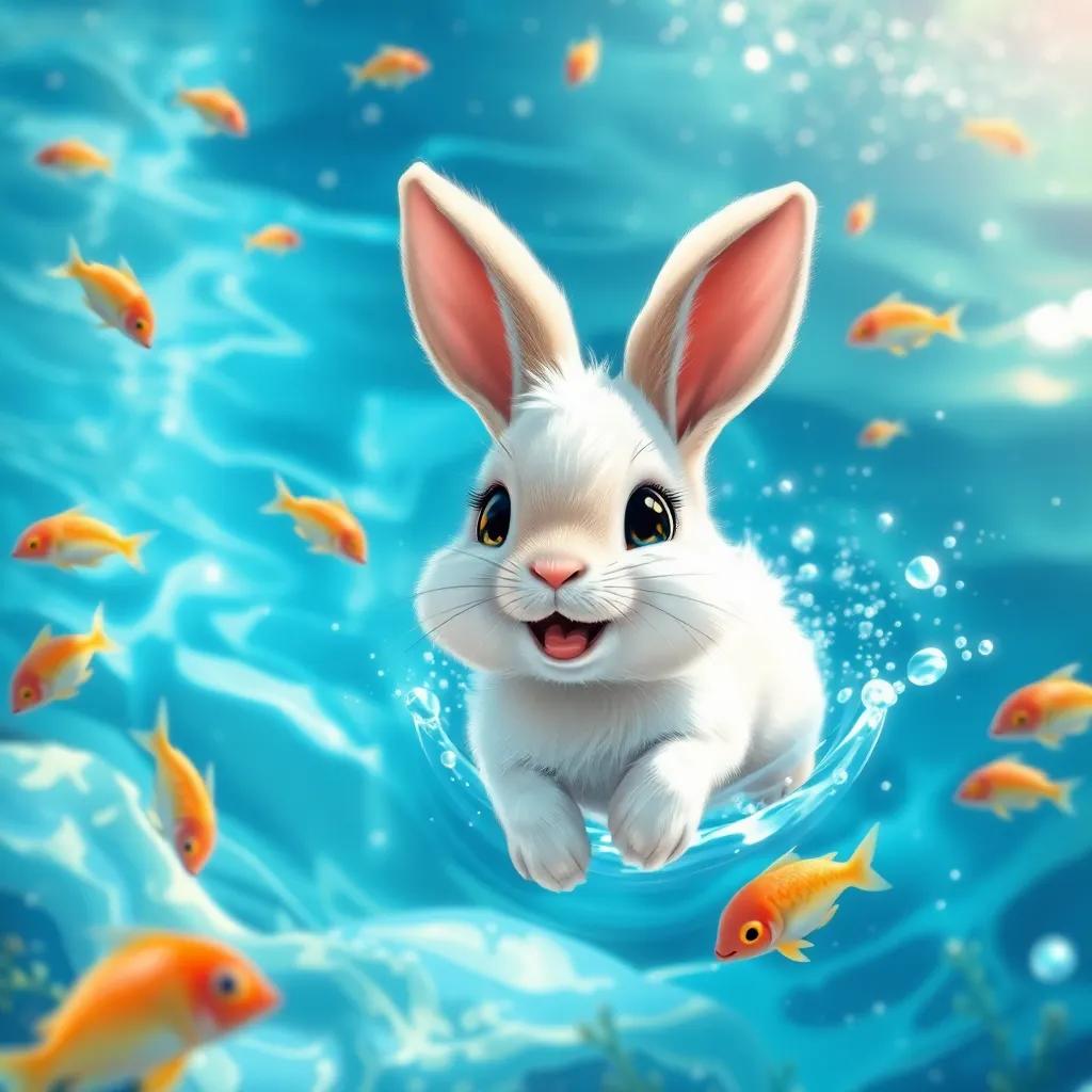 A small rabbit, Arnop, with fluffy white fur and big curious eyes, swimming joyfully in a clear blue river, surrounded by bright fish and sparkling water, playful and adventurous scene, digital illustration, vibrant colors, engaging perspective, high quality