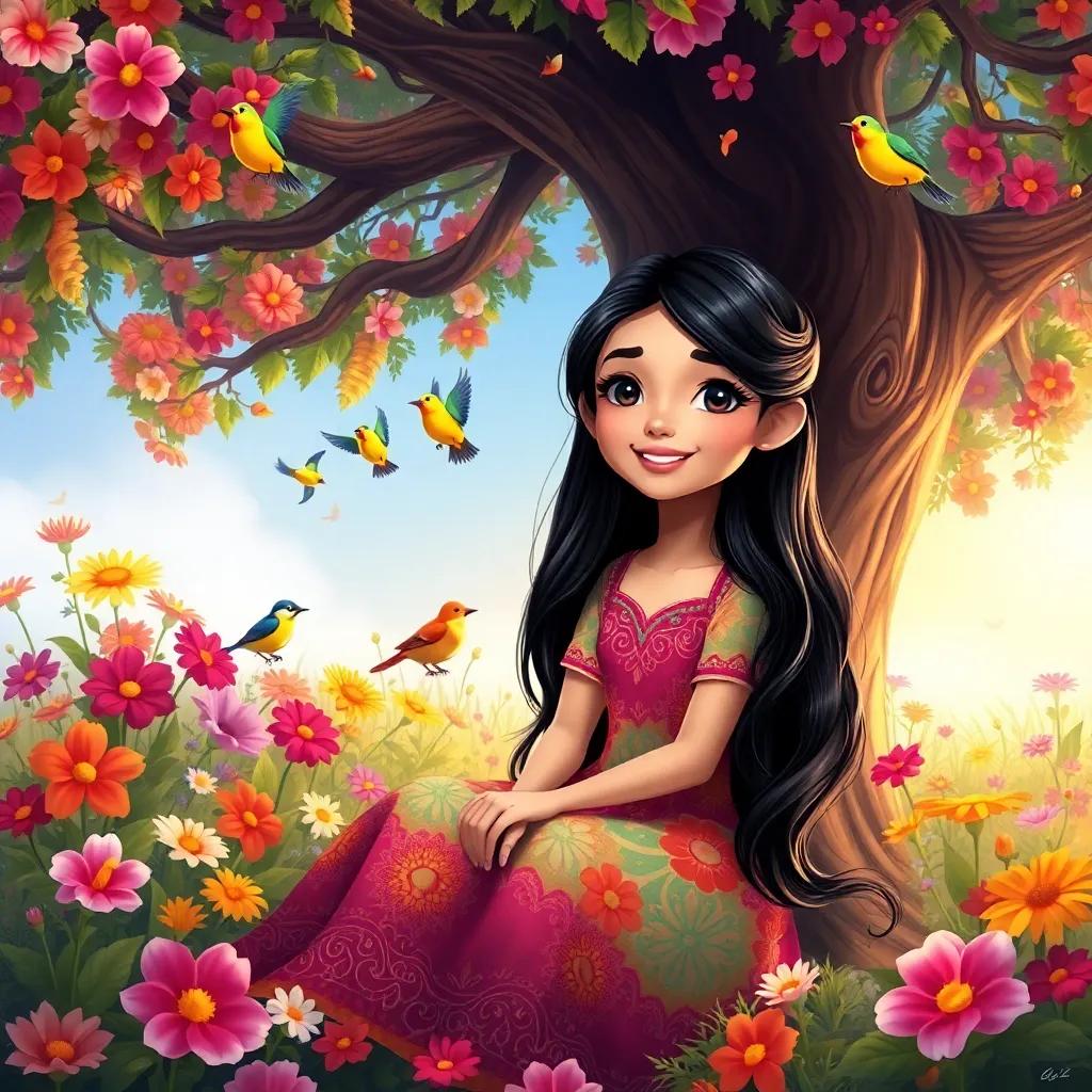 A young Arab girl, Asil, with long, black hair, wearing a colorful dress, sitting under a big tree surrounded by colorful flowers and singing birds, detailed digital art, vibrant colors, cheerful atmosphere, high quality