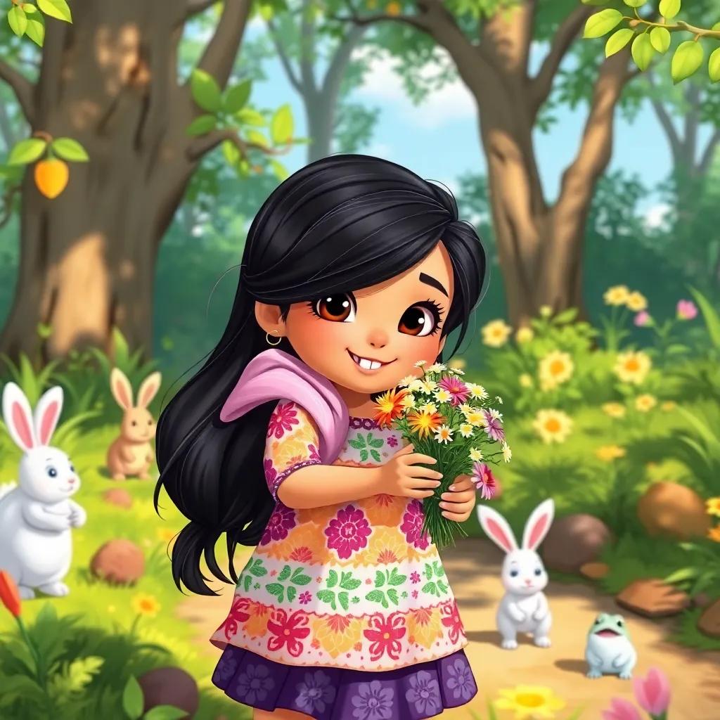 A young Arab girl, Asil, with long, black hair, wearing a colorful dress, exploring a sunny forest with playful rabbits and jumping frogs, holding a bouquet of flowers, cheerful, nature-themed, heartwarming