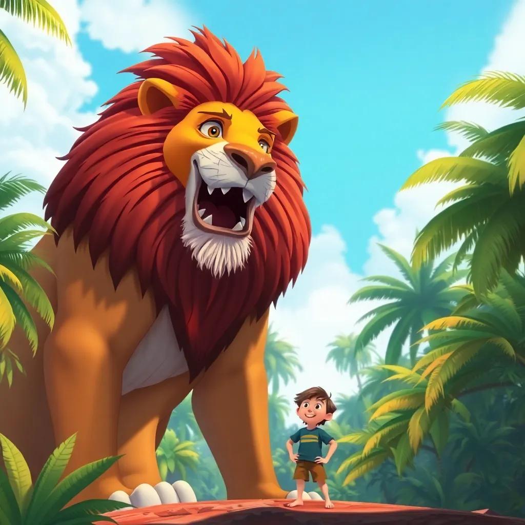 A giant lion with an eagle's beak, towering over As, who looks frightened and small, the background filled with tropical trees and bright blue sky, illustration, thrilling tone, child-friendly