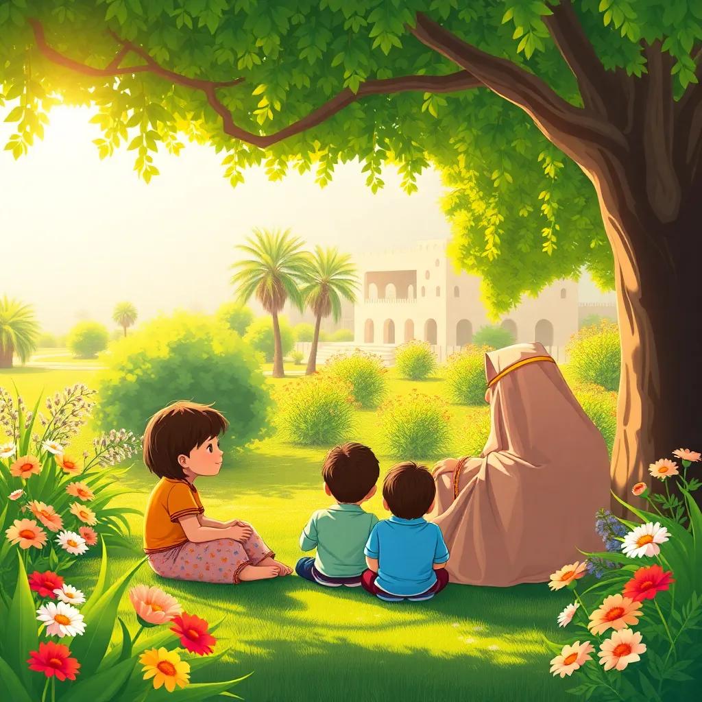 A group of children sitting in a beautiful garden in Taif, Saudi Arabia, talking to their grandmothers, surrounded by lush greenery and colorful flowers, warm sunlight, cheerful atmosphere, digital art, vibrant colors, inviting scenery, high quality