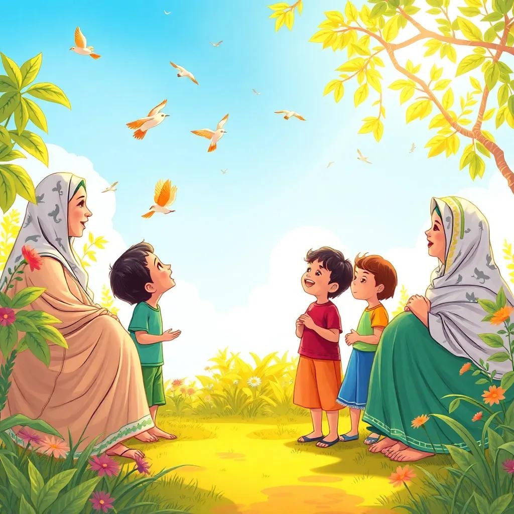 Children excitedly chatting in a garden with their grandmothers about Saudi founding day, with birds chirping and a blue sky in the background, warm light, colorful setting, storytelling view, fantasy