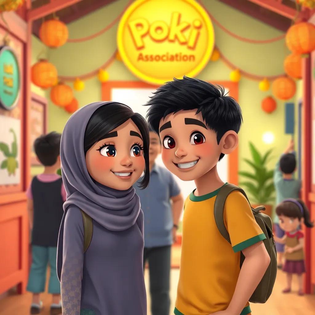 Amal and her brother, Sami, with short black hair, entering the lively Poki Association, greeted by teacher Adam, smiling, welcoming environment, children playing, colorful decorations, bright light, inviting scenery