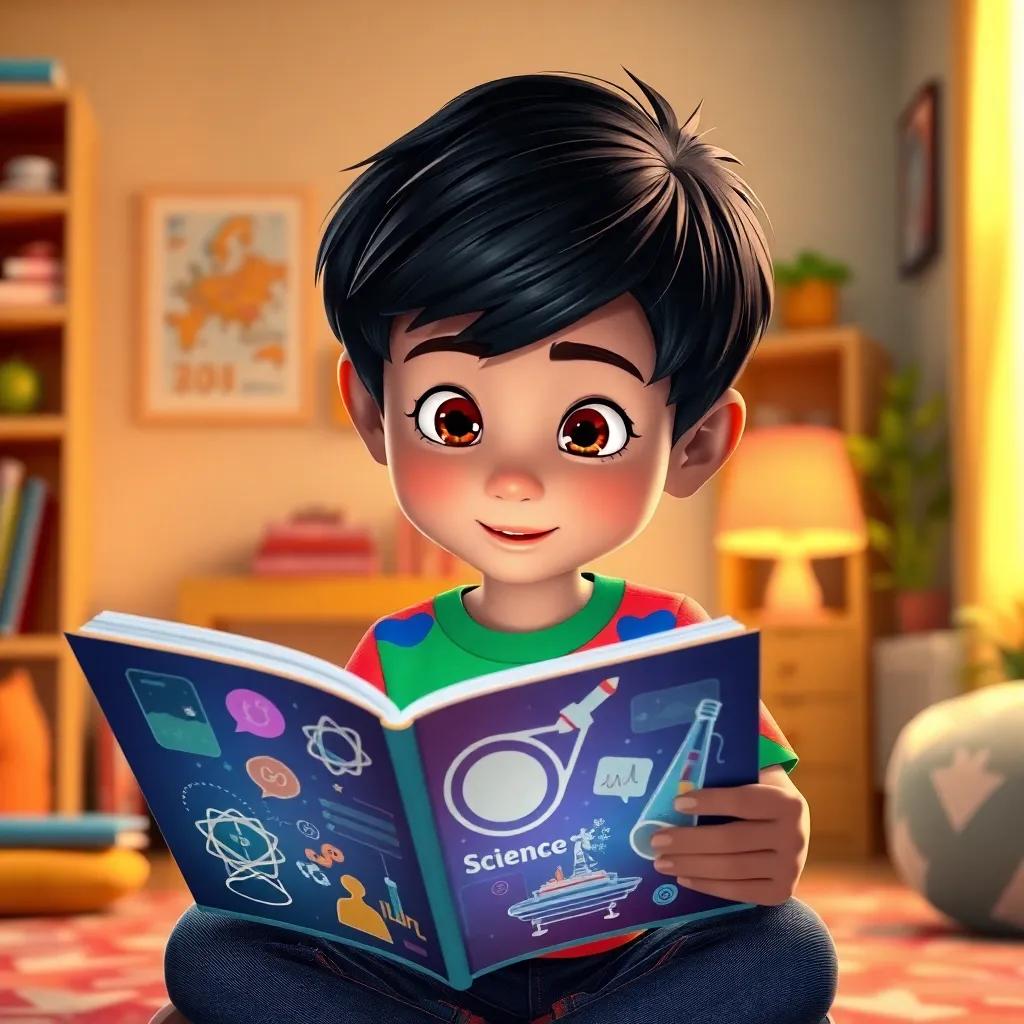 A curious boy, Amin, with short black hair, wearing a colorful t-shirt and jeans, reading an exciting science book at home with a bright and cozy atmosphere, digital art, cheerful colors, bright lighting, inviting and engaging environment, high quality