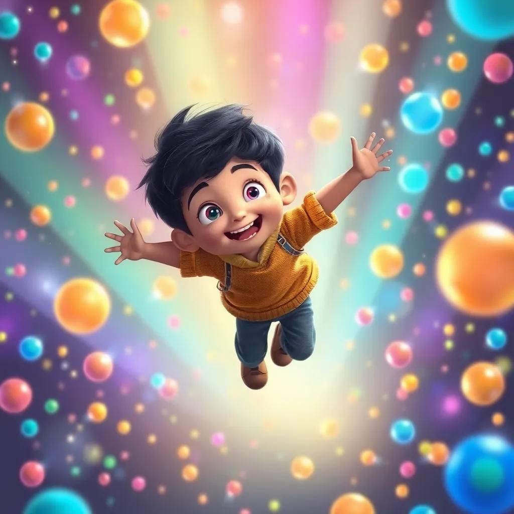 Amin, the curious boy with short black hair, jumping into a magical atom world, surrounded by dancing particles, vibrant colors and glowing lights, fantasy illustration, dynamic movement, whimsical atmosphere, high quality