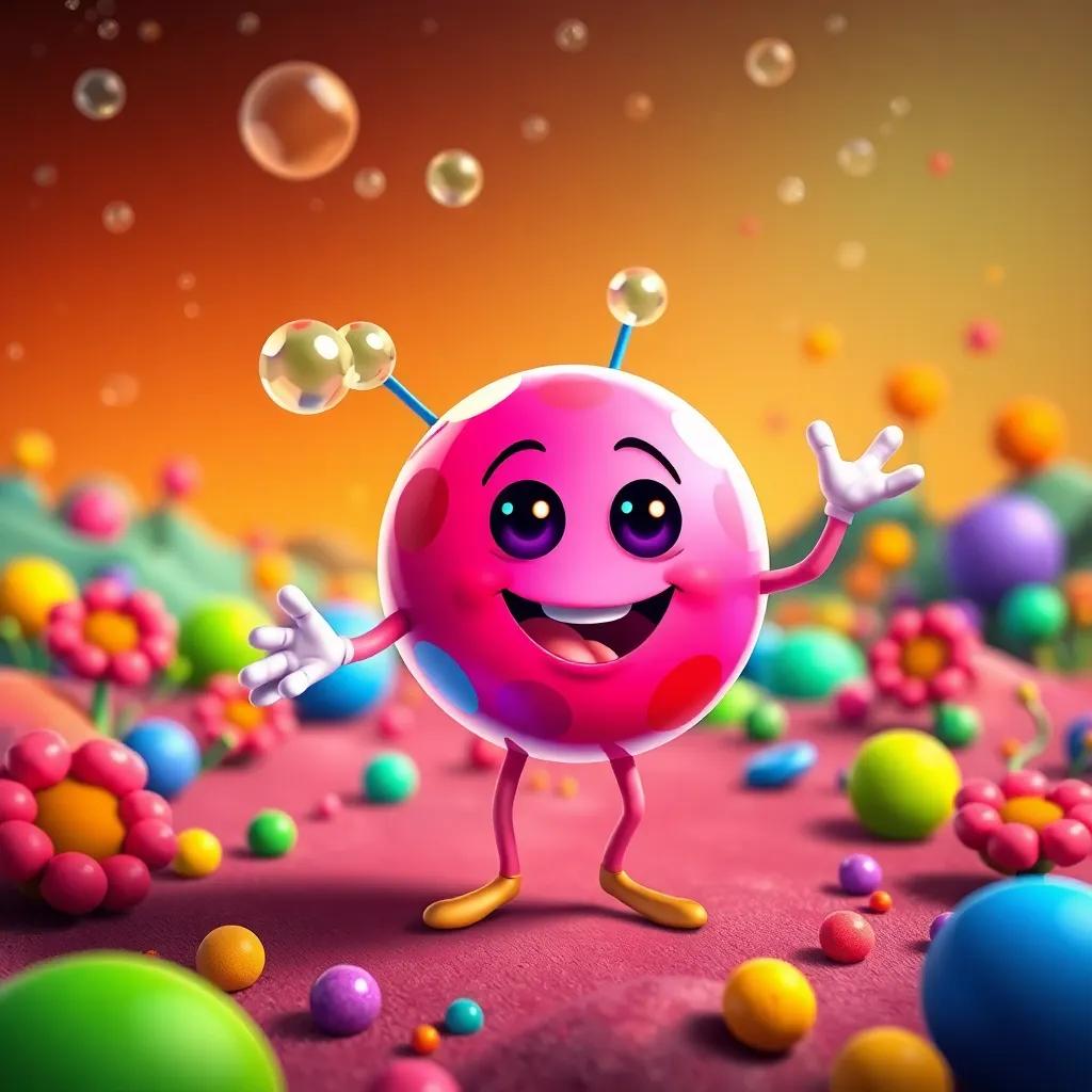A strange nitrogen molecule, colorful and cheerful, introducing itself to Amin in a colorful, whimsical atom landscape, showing how it helps clean the air, illustration, friendly, vibrant, high quality