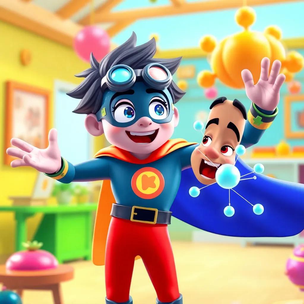 An atom superhero, excitedly teaching Amin about the power of atoms, in a bright and colorful environment with a whimsical feel, digital art, vibrant colors, animated, high quality