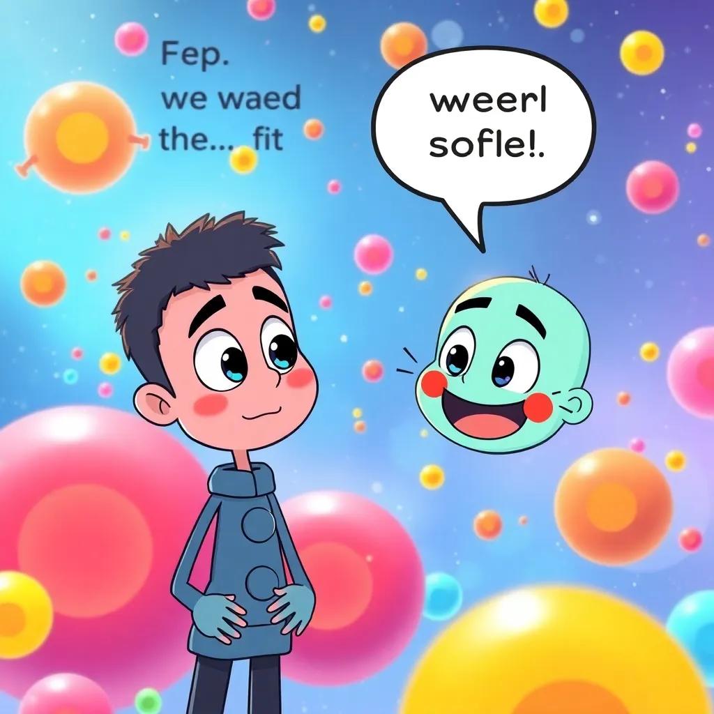 Amin, intent and curious, asking charged particles how to keep the world safe in a colorful atom world, with friendly and clear expressions, illustration, engaging, high quality