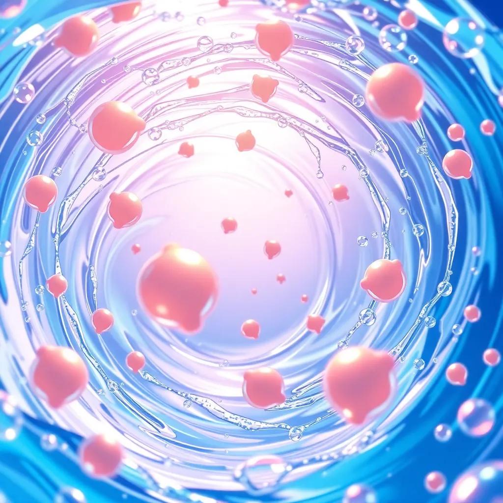 Swirling water molecules, lively and vibrant, showcasing their role in renewing life to Amin, in a bright, fantastical scene, cheerful and educational, digital art, high quality