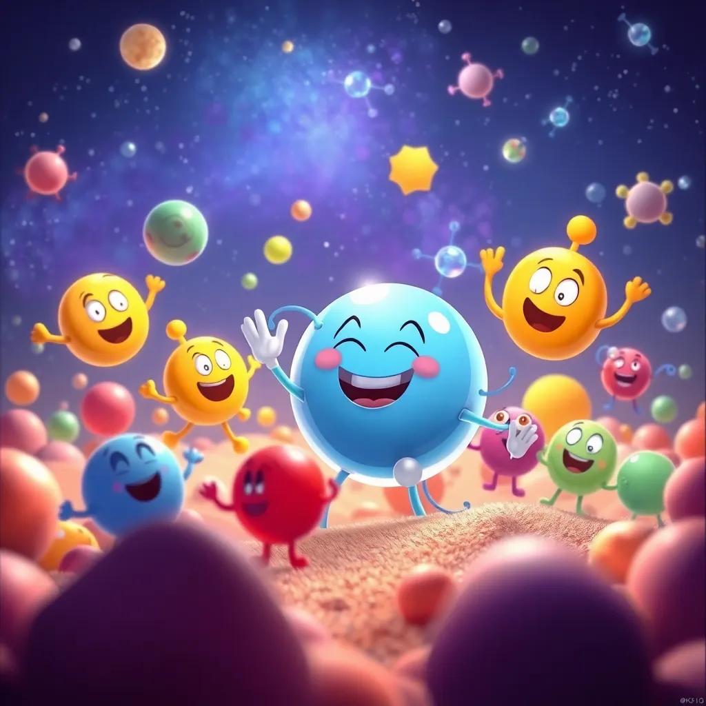 A joyful atom world, with various molecules waving goodbye to Amin, as he prepares to return home, colorful and magical, illustration, charming, high quality