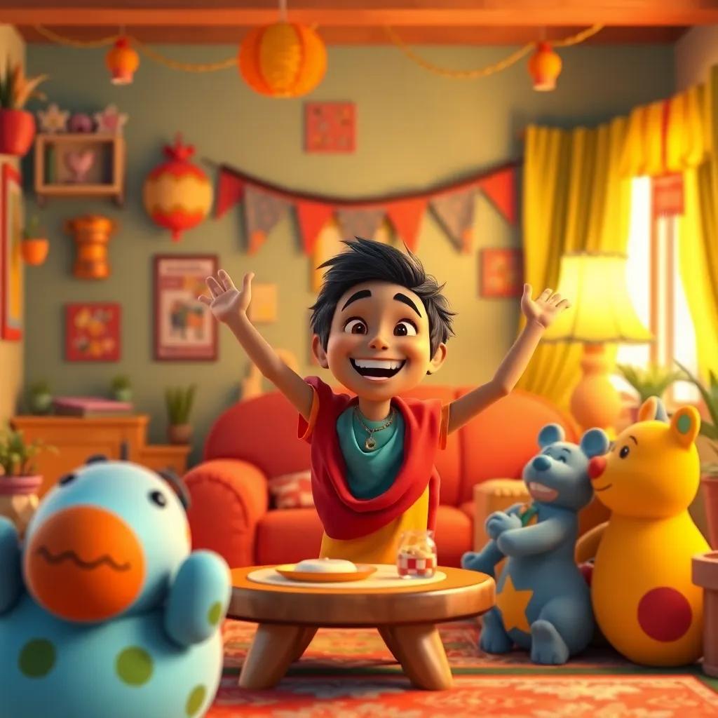 Amin back at home, enthusiastically sharing his adventures with friends, surrounded by bright and colorful decorations, inviting and cheerful atmosphere, digital art, high quality