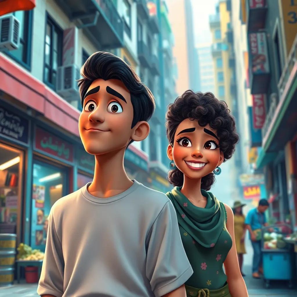 A bustling city with modern streets and old alleys, featuring a tranquil young man named Amin with soft features and a thoughtful expression, standing beside a lively young woman named Lamia, with curly hair and a bright smile, in a vibrant market, digital art, colorful, inviting atmosphere, high quality