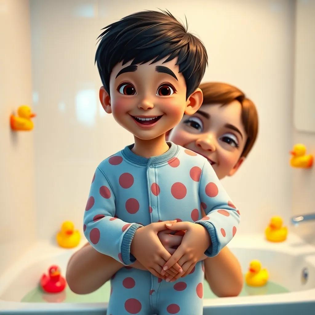 A young man, Fahd, with short black hair, wearing a children's pajamas, being held by his mother, smiling and playful, in a bright bathroom with colorful rubber ducks, digital art, cheerful, vibrant colors, warm lighting, high quality
