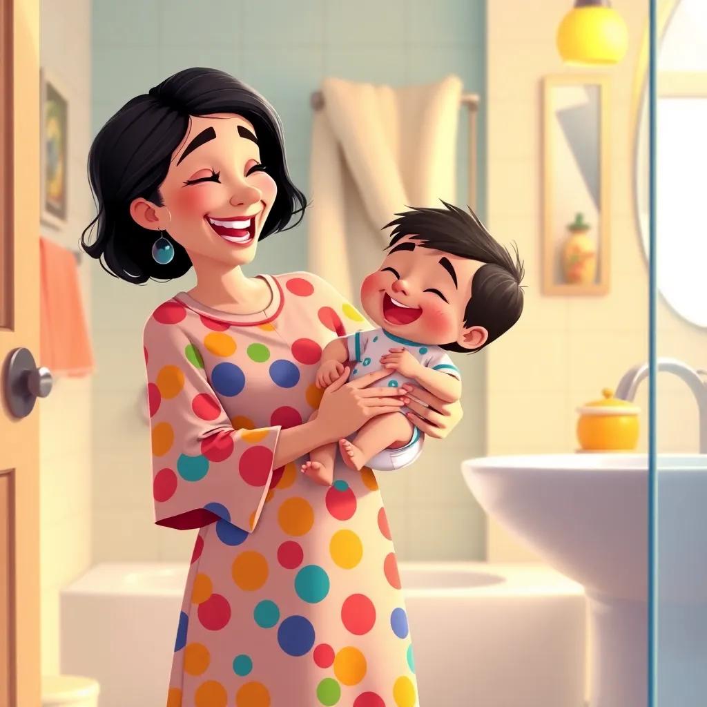 A mother, Um Fahd, wearing a colorful dress, holding her son Fahd in children's pajamas and diaper, laughing together in a playful manner in a warmly lit bathroom, illustration, joyful, child-friendly, lively atmosphere, detailed