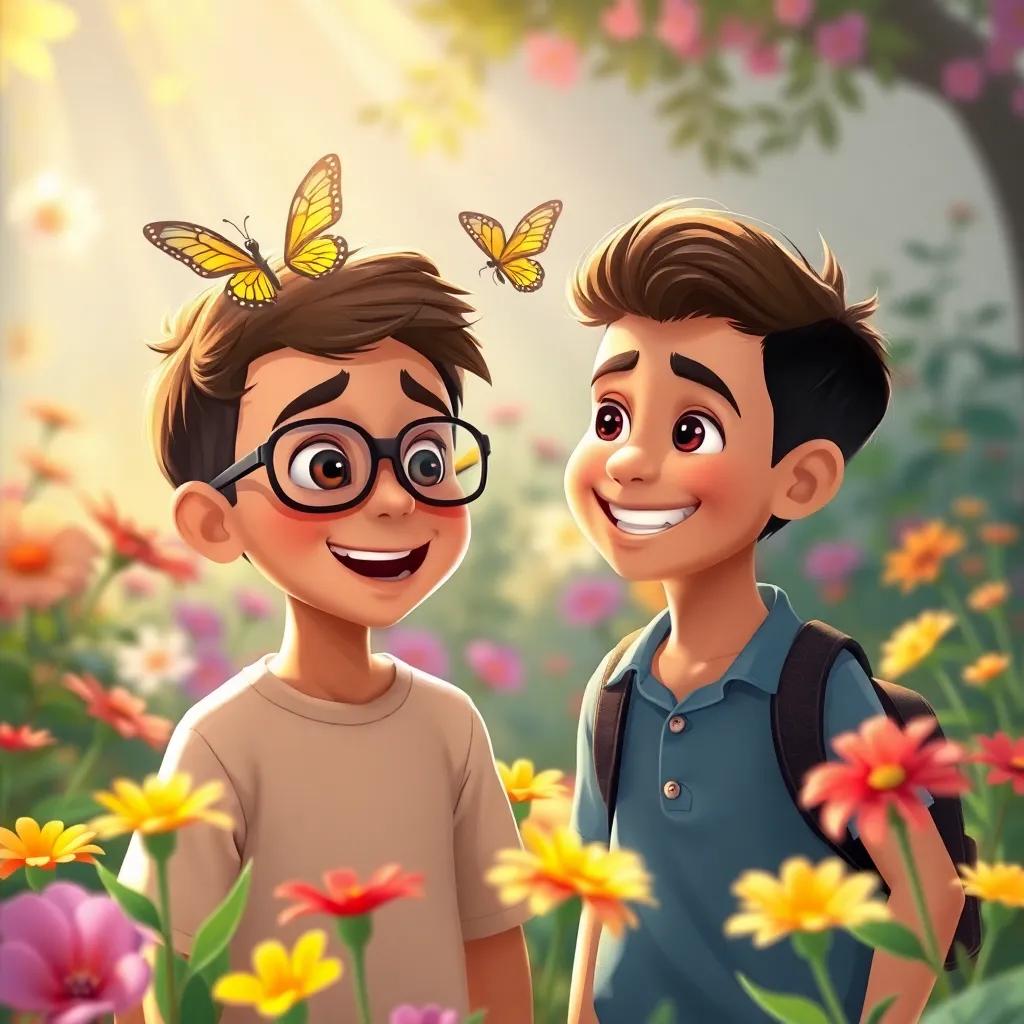 A young Arab boy, Akram, is wearing glasses, excitedly talking about a colorful butterfly in a garden filled with flowers. His twin brother, Anas, is smiling and looking adventurous, wearing casual clothes, shimmering sunlight illuminating their playful expressions, cheerful atmosphere, illustration, bright colors, child-friendly