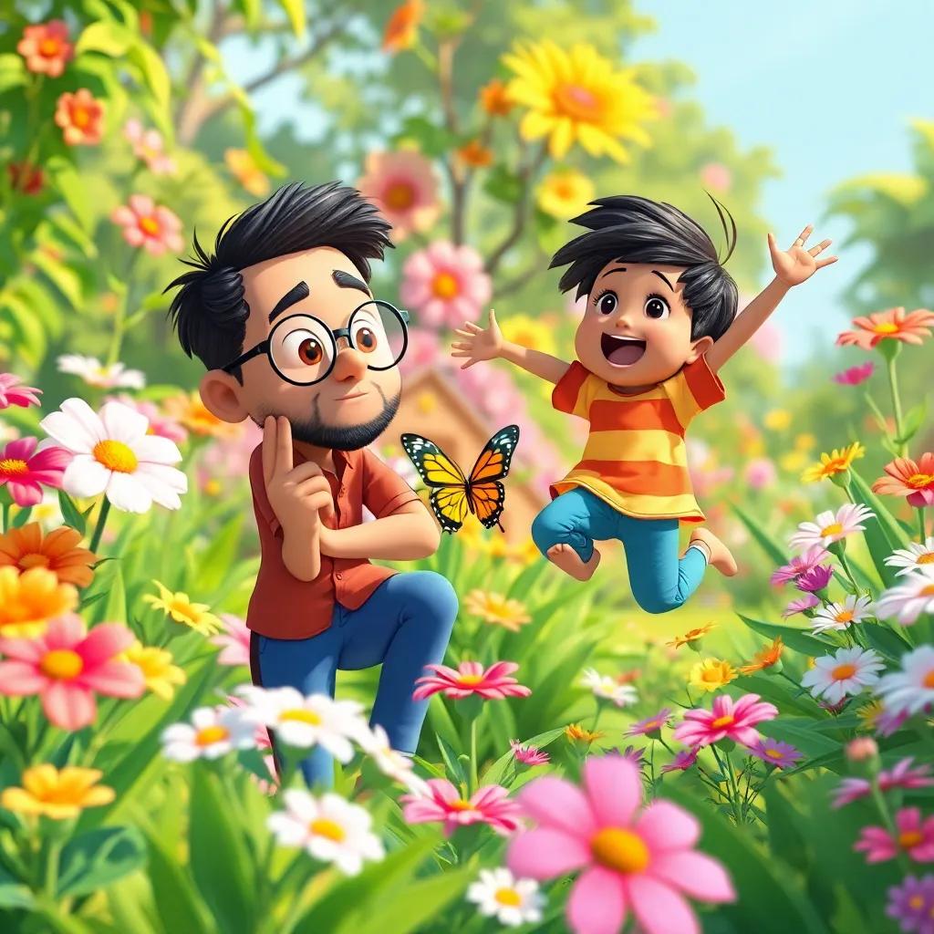 A vibrant garden scene with Akram searching for the butterfly among blooming flowers while Anas is jumping around, singing happily. Akram, wearing glasses, is deep in thought, while Anas is carefree and adventurous, surrounded by lush greenery and colorful flowers, lively action, bright and sunny day, illustration, engaging view, cheerful vibes