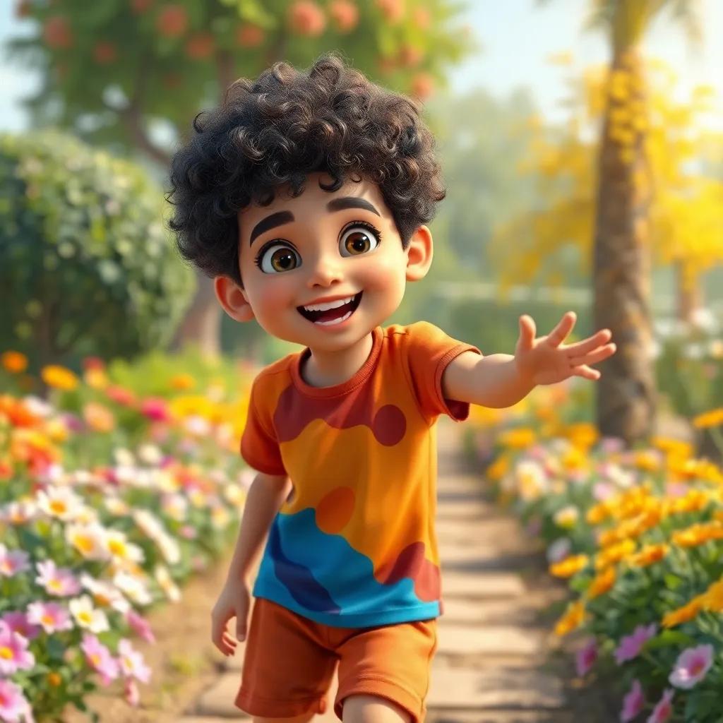 A young Arab boy, اواب, with curly hair, wearing a colorful t-shirt and shorts, joyfully playing in a vibrant garden with flowers and trees, digital art, cheerful atmosphere, bright colors, high quality